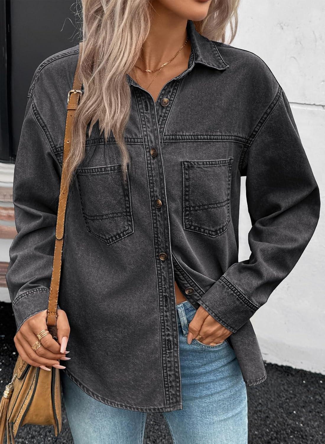 imageSidefeel Women Denim Shirts Oversized Long Sleeve Button Down Blouse V Neck Casual Top ShacketsGray