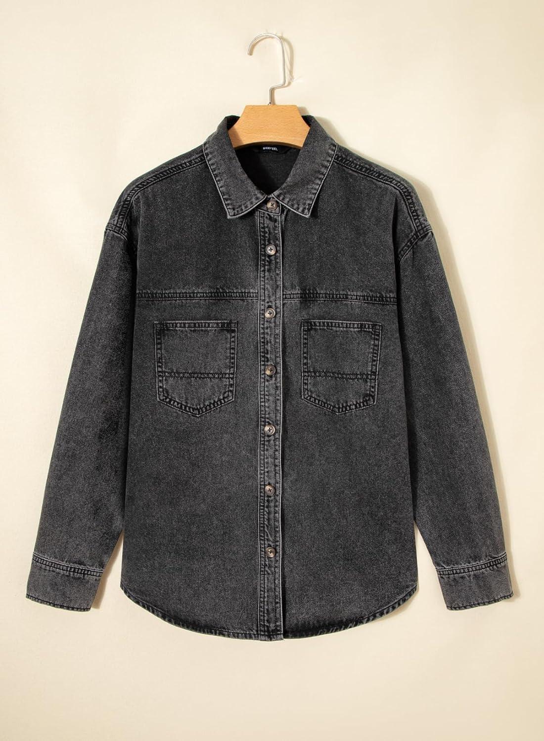 imageSidefeel Women Denim Shirts Oversized Long Sleeve Button Down Blouse V Neck Casual Top ShacketsGray