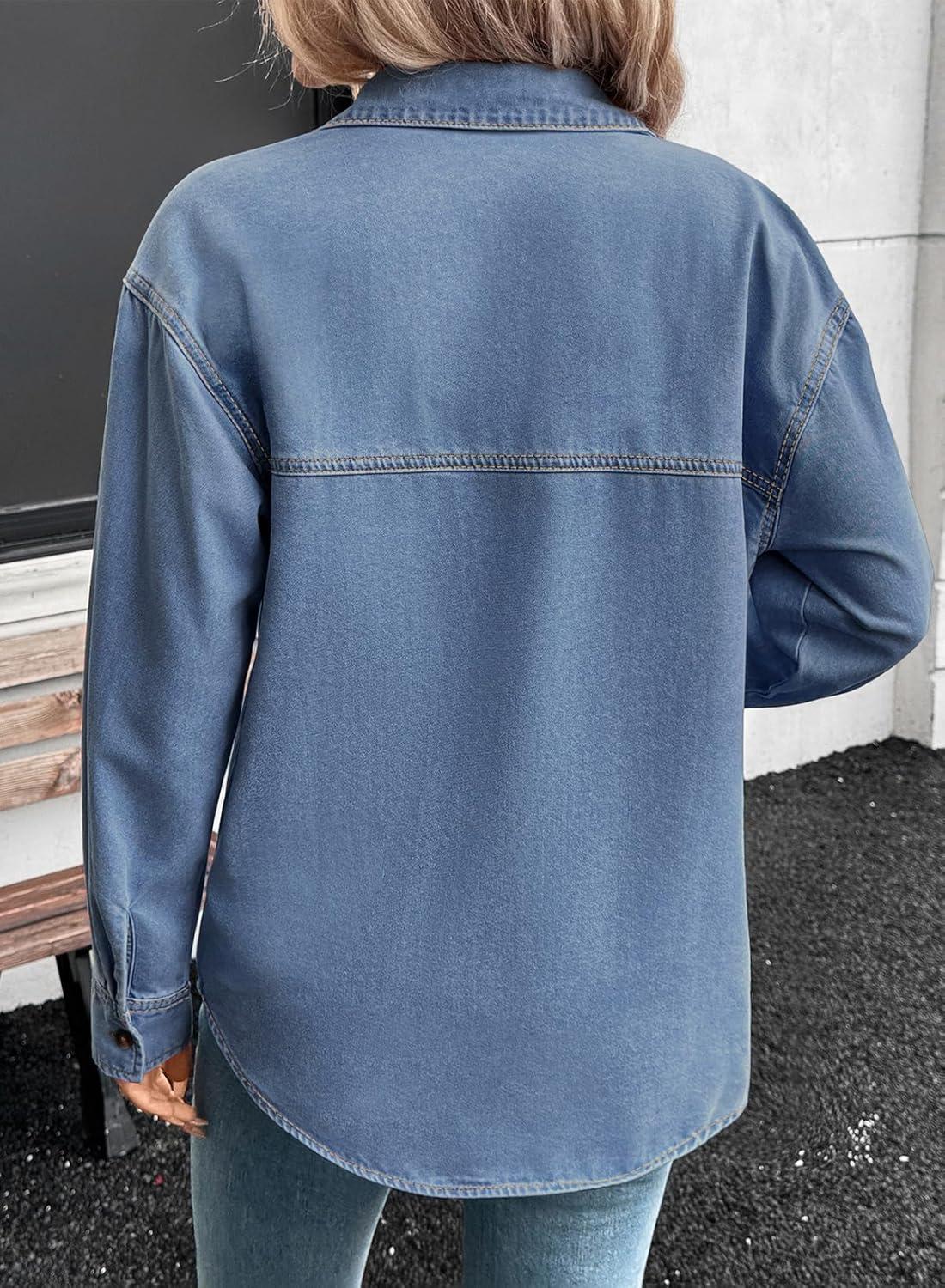 imageSidefeel Women Denim Shirts Oversized Long Sleeve Button Down Blouse V Neck Casual Top ShacketsLight Blue