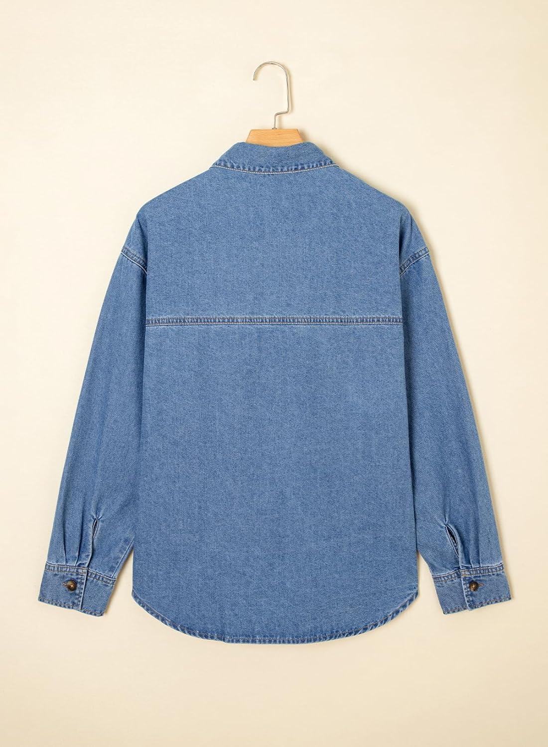 imageSidefeel Women Denim Shirts Oversized Long Sleeve Button Down Blouse V Neck Casual Top ShacketsLight Blue