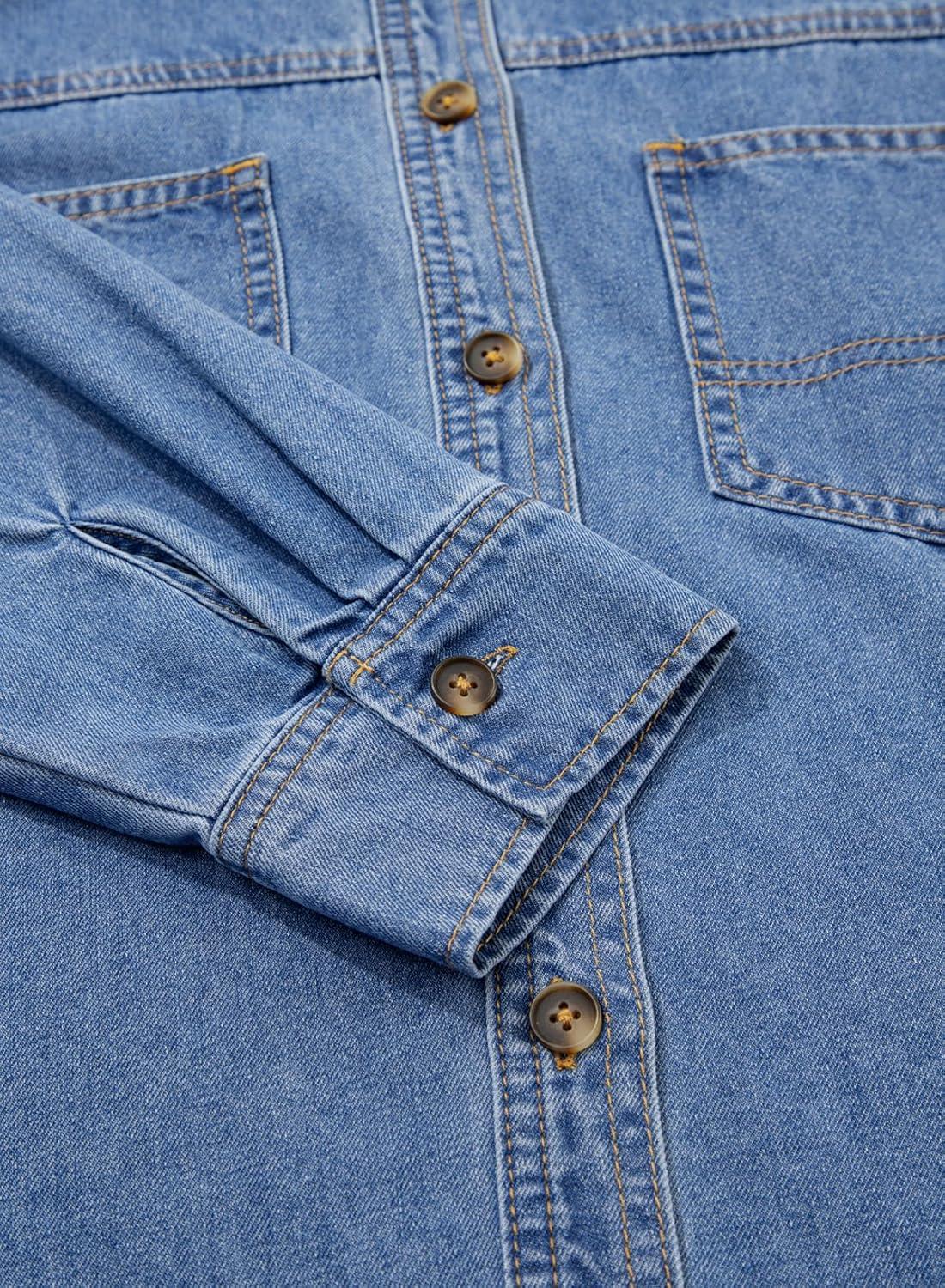 imageSidefeel Women Denim Shirts Oversized Long Sleeve Button Down Blouse V Neck Casual Top ShacketsLight Blue