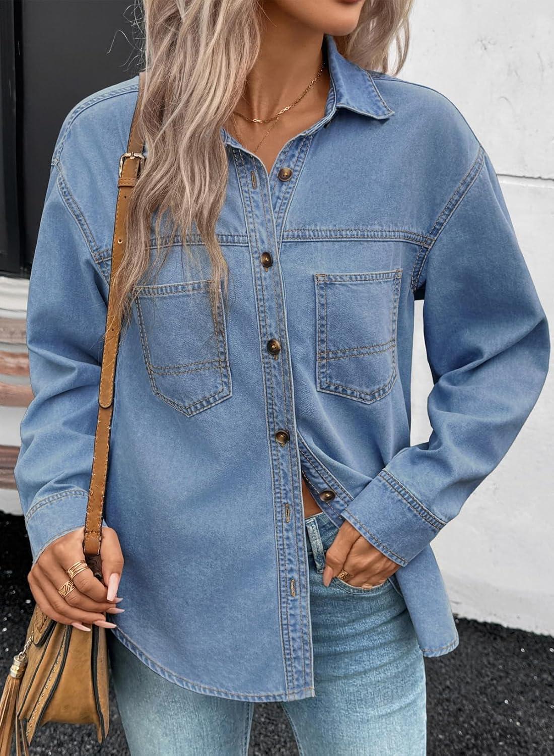 imageSidefeel Women Denim Shirts Oversized Long Sleeve Button Down Blouse V Neck Casual Top ShacketsLight Blue