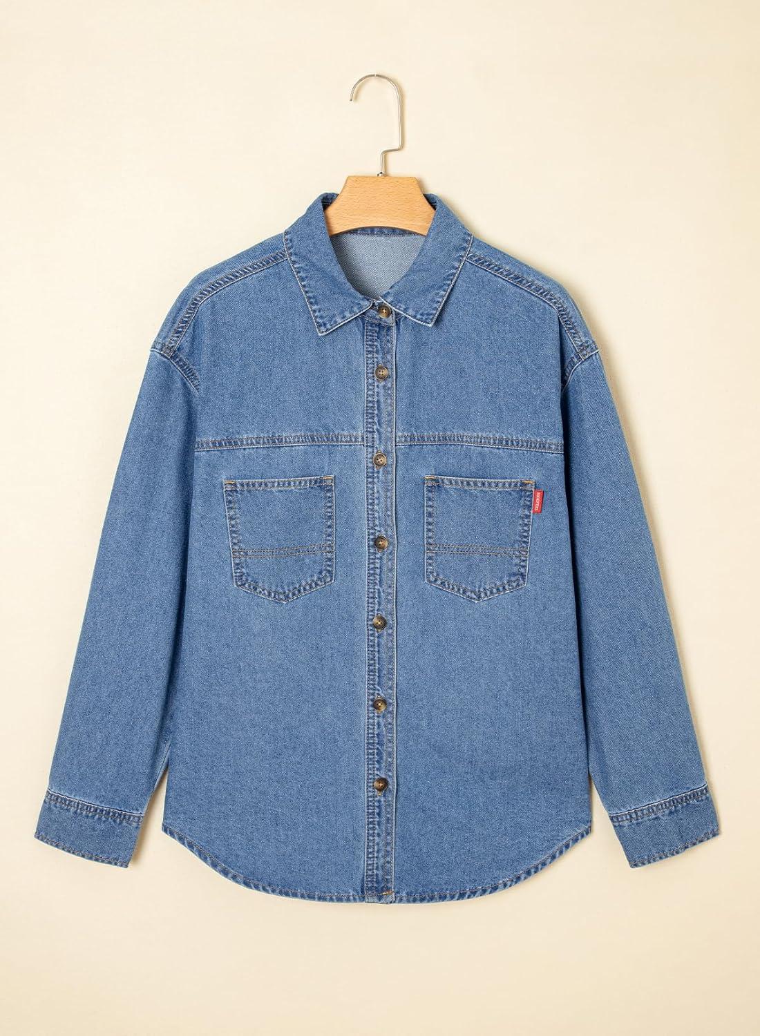 imageSidefeel Women Denim Shirts Oversized Long Sleeve Button Down Blouse V Neck Casual Top ShacketsLight Blue