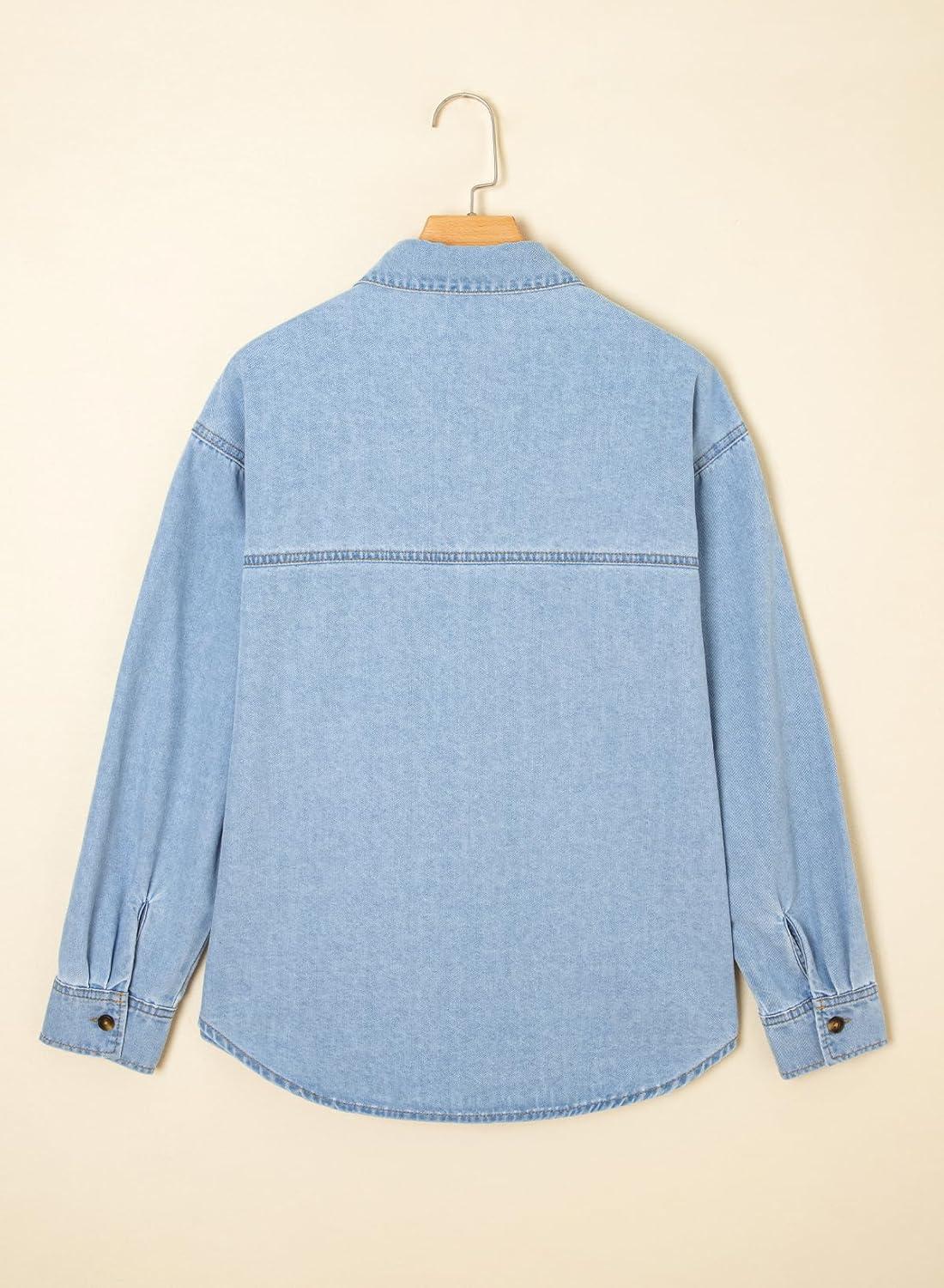 imageSidefeel Women Denim Shirts Oversized Long Sleeve Button Down Blouse V Neck Casual Top ShacketsSky Blue