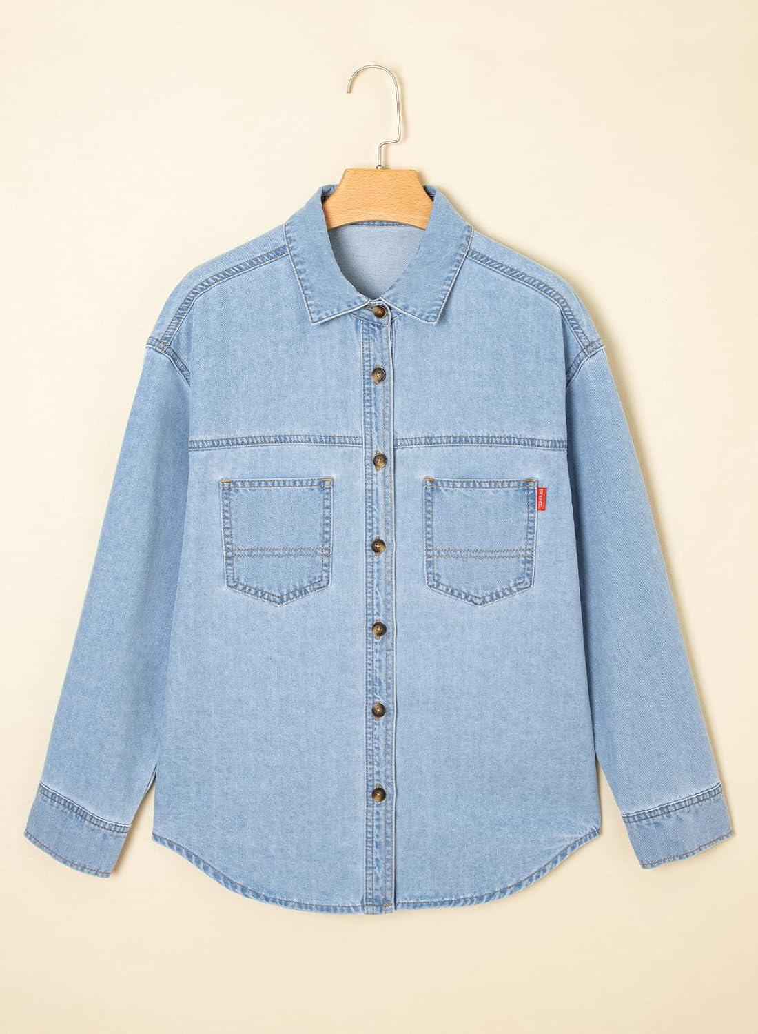 imageSidefeel Women Denim Shirts Oversized Long Sleeve Button Down Blouse V Neck Casual Top ShacketsSky Blue