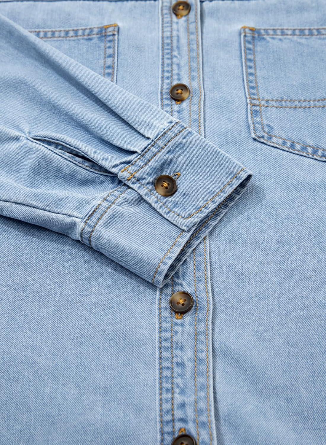 imageSidefeel Women Denim Shirts Oversized Long Sleeve Button Down Blouse V Neck Casual Top ShacketsSky Blue