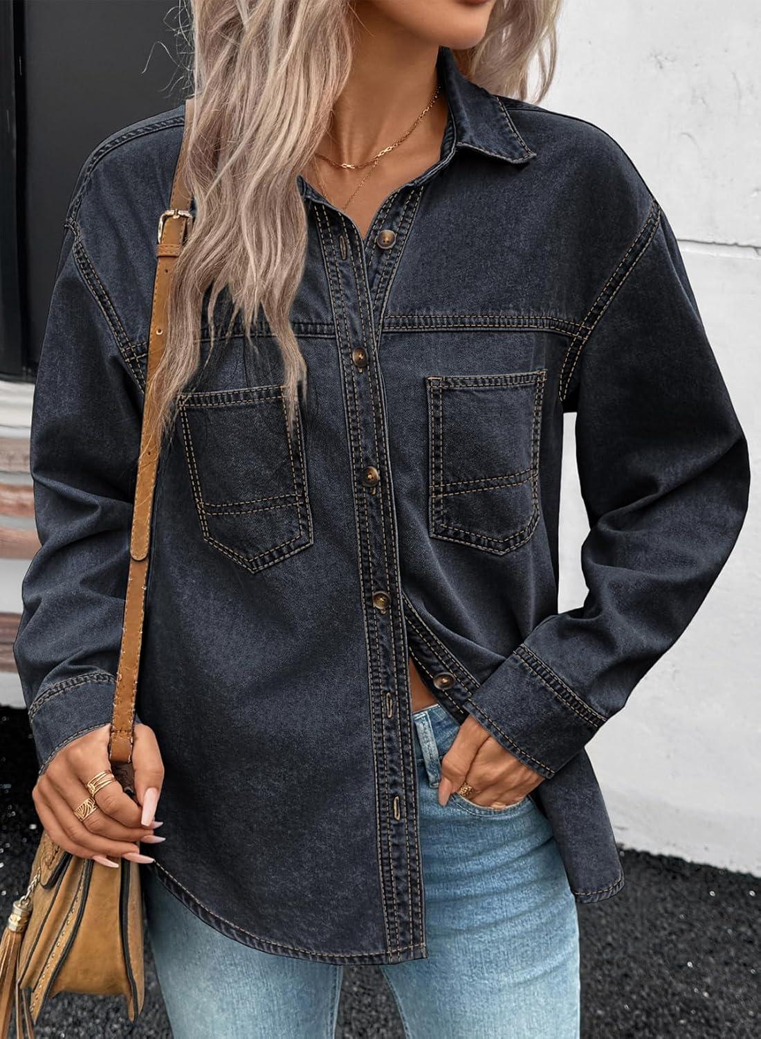 imageSidefeel Women Denim Shirts Oversized Long Sleeve Button Down Blouse V Neck Casual Top ShacketsVintage Blue