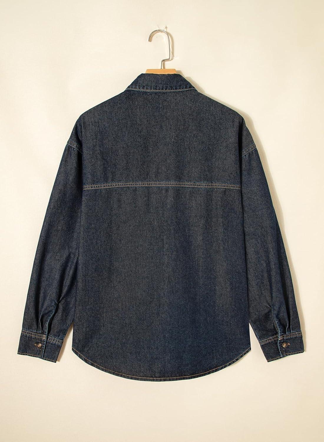 imageSidefeel Women Denim Shirts Oversized Long Sleeve Button Down Blouse V Neck Casual Top ShacketsVintage Blue