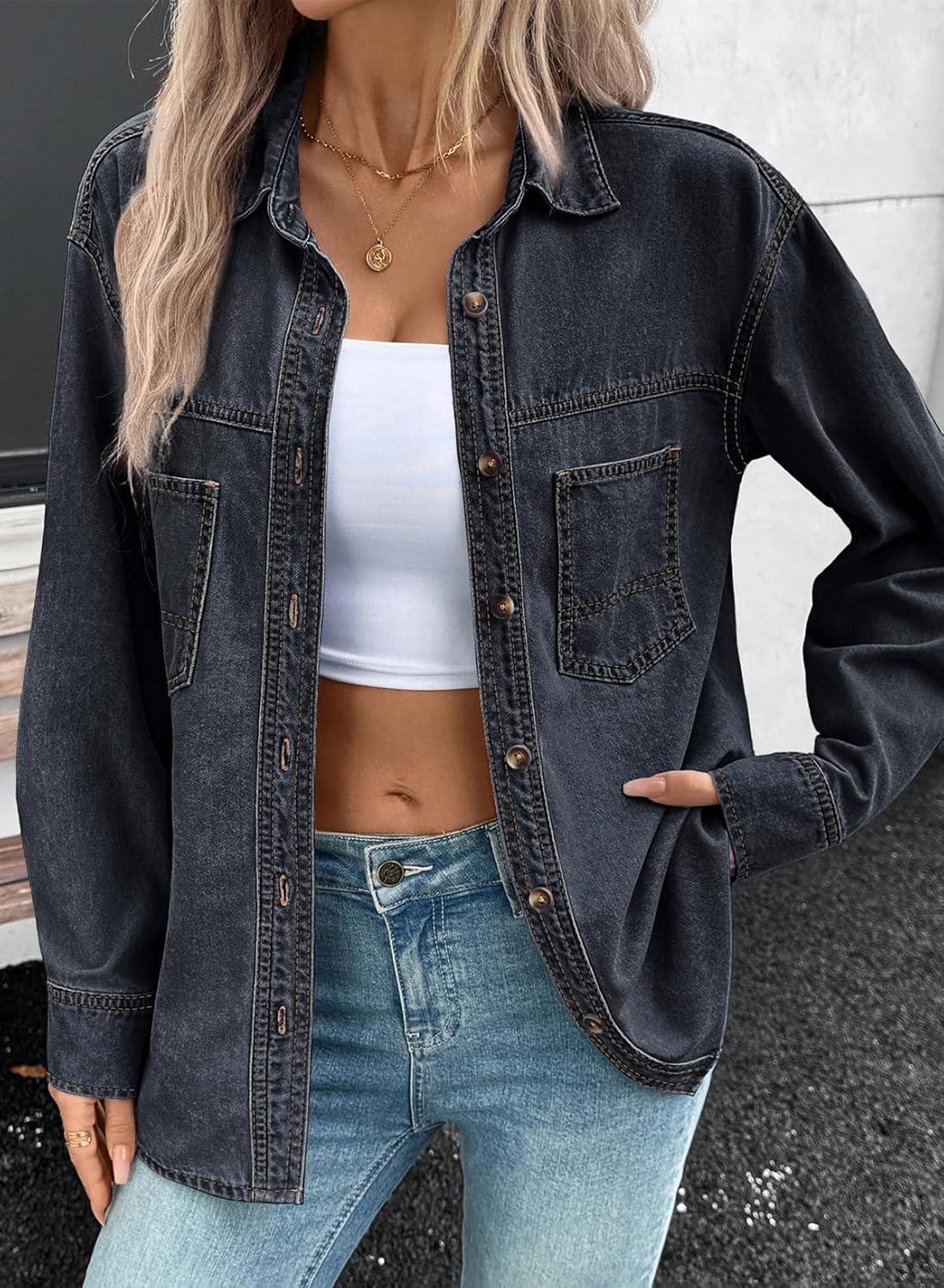 imageSidefeel Women Denim Shirts Oversized Long Sleeve Button Down Blouse V Neck Casual Top ShacketsVintage Blue