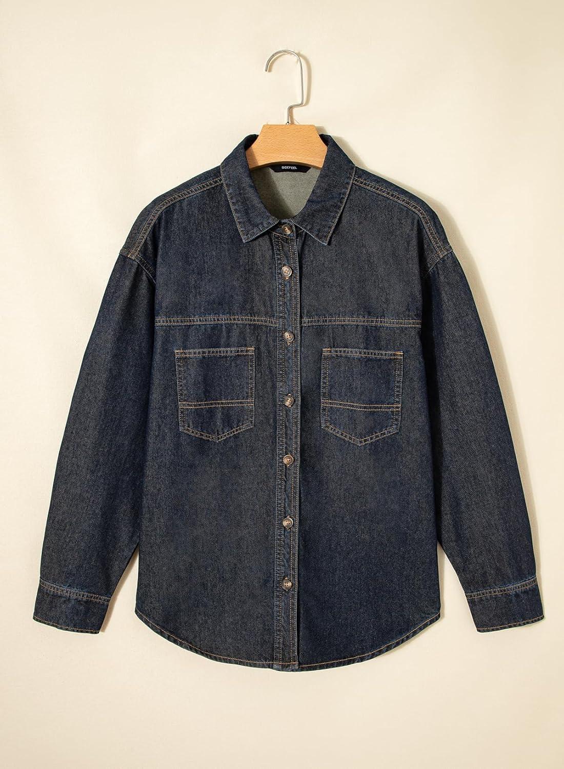 imageSidefeel Women Denim Shirts Oversized Long Sleeve Button Down Blouse V Neck Casual Top ShacketsVintage Blue