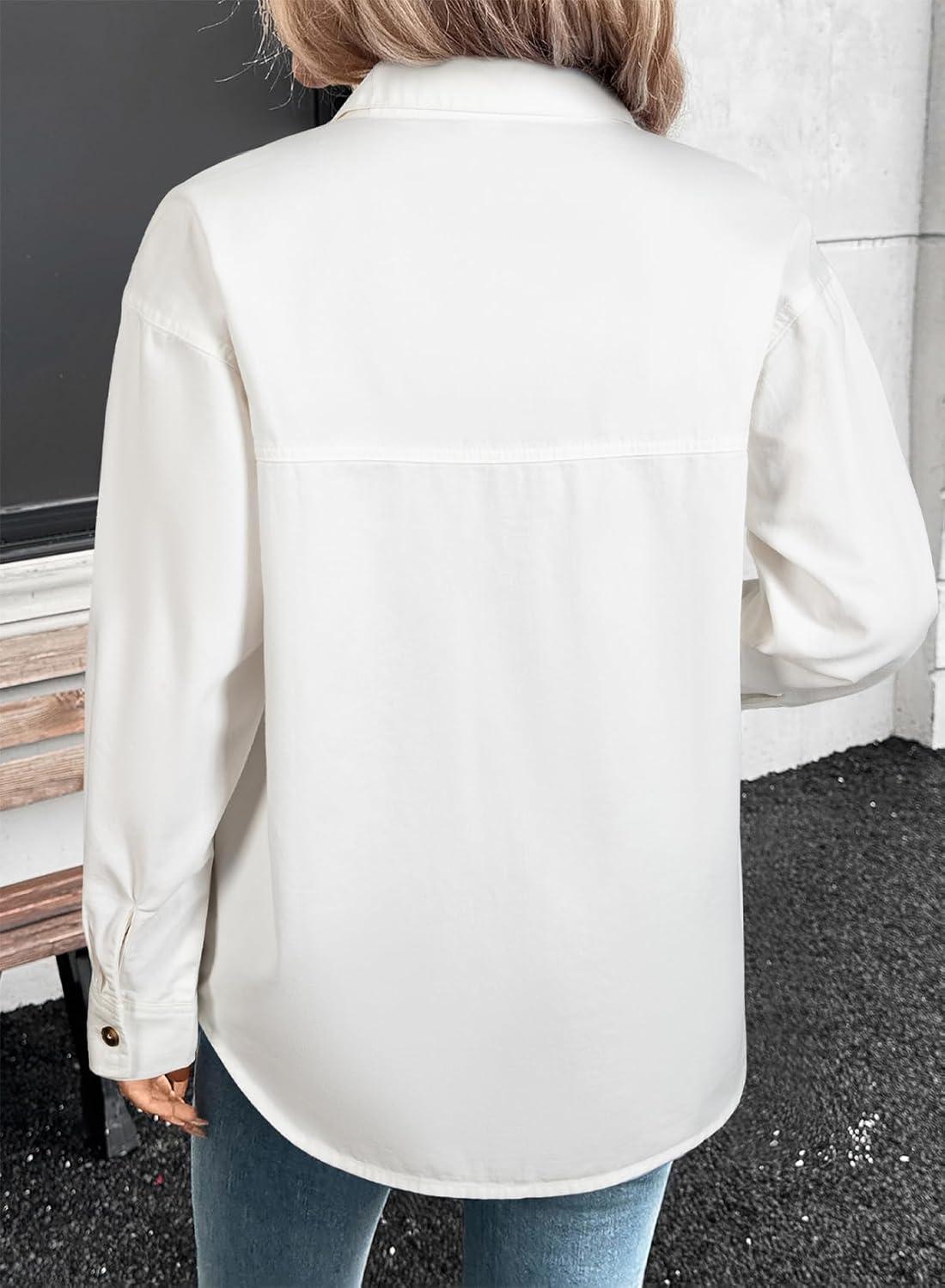 imageSidefeel Women Denim Shirts Oversized Long Sleeve Button Down Blouse V Neck Casual Top ShacketsWhite