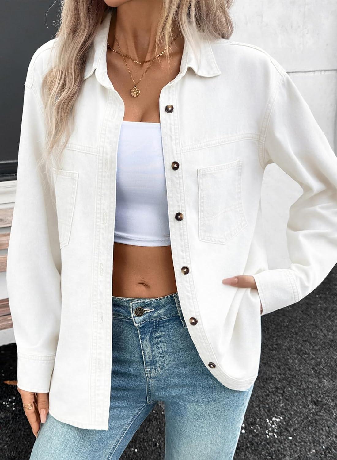 imageSidefeel Women Denim Shirts Oversized Long Sleeve Button Down Blouse V Neck Casual Top ShacketsWhite