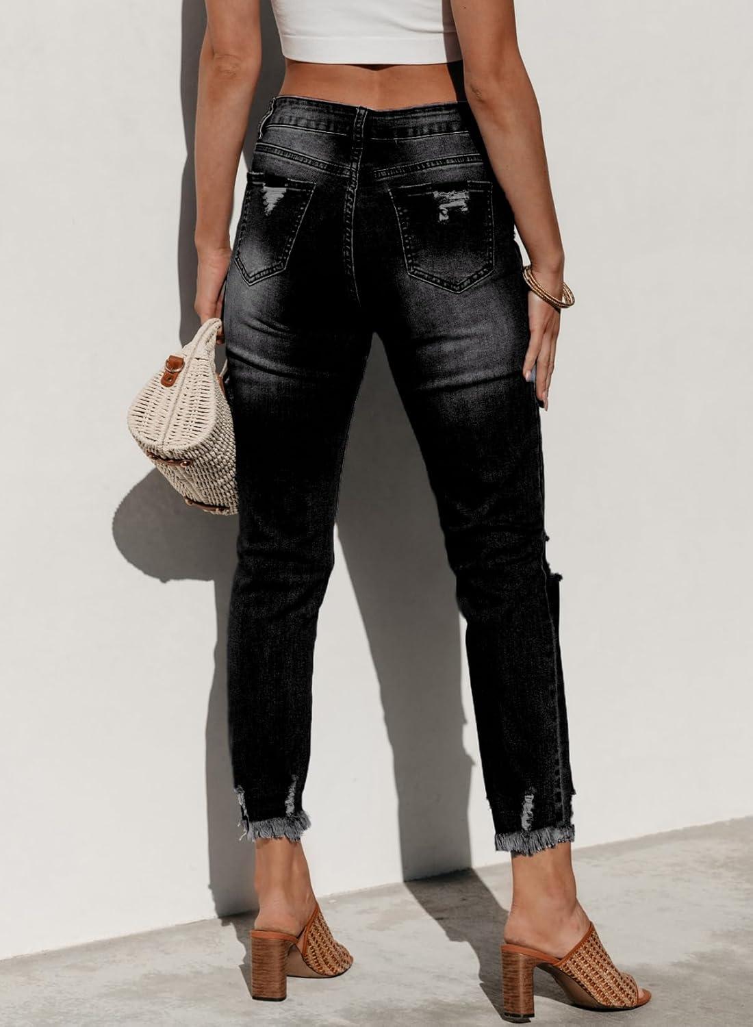 imageSidefeel Womens Ripped Jeans Straight Leg Distressed Boyfriend Denim PantsPure Black