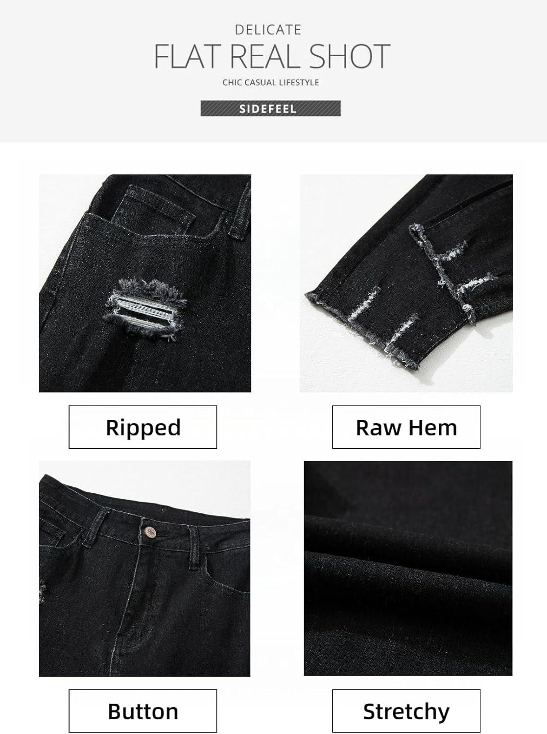 imageSidefeel Womens Ripped Jeans Straight Leg Distressed Boyfriend Denim PantsPure Black