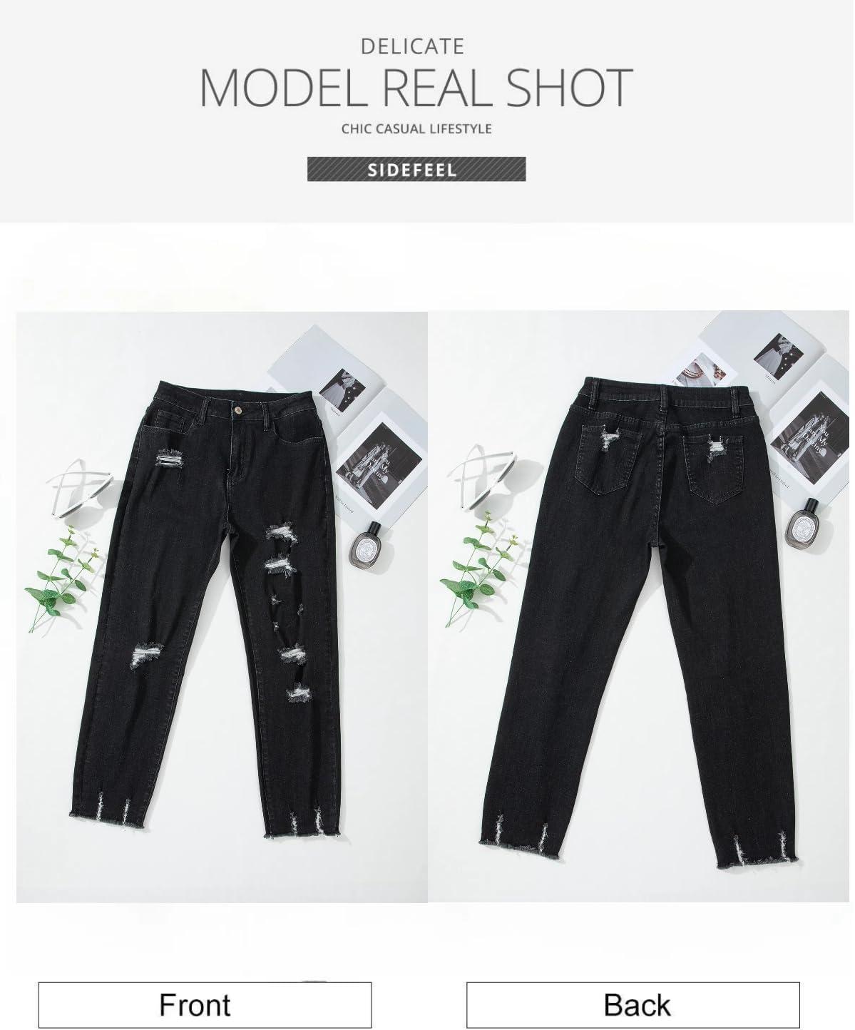 imageSidefeel Womens Ripped Jeans Straight Leg Distressed Boyfriend Denim PantsPure Black