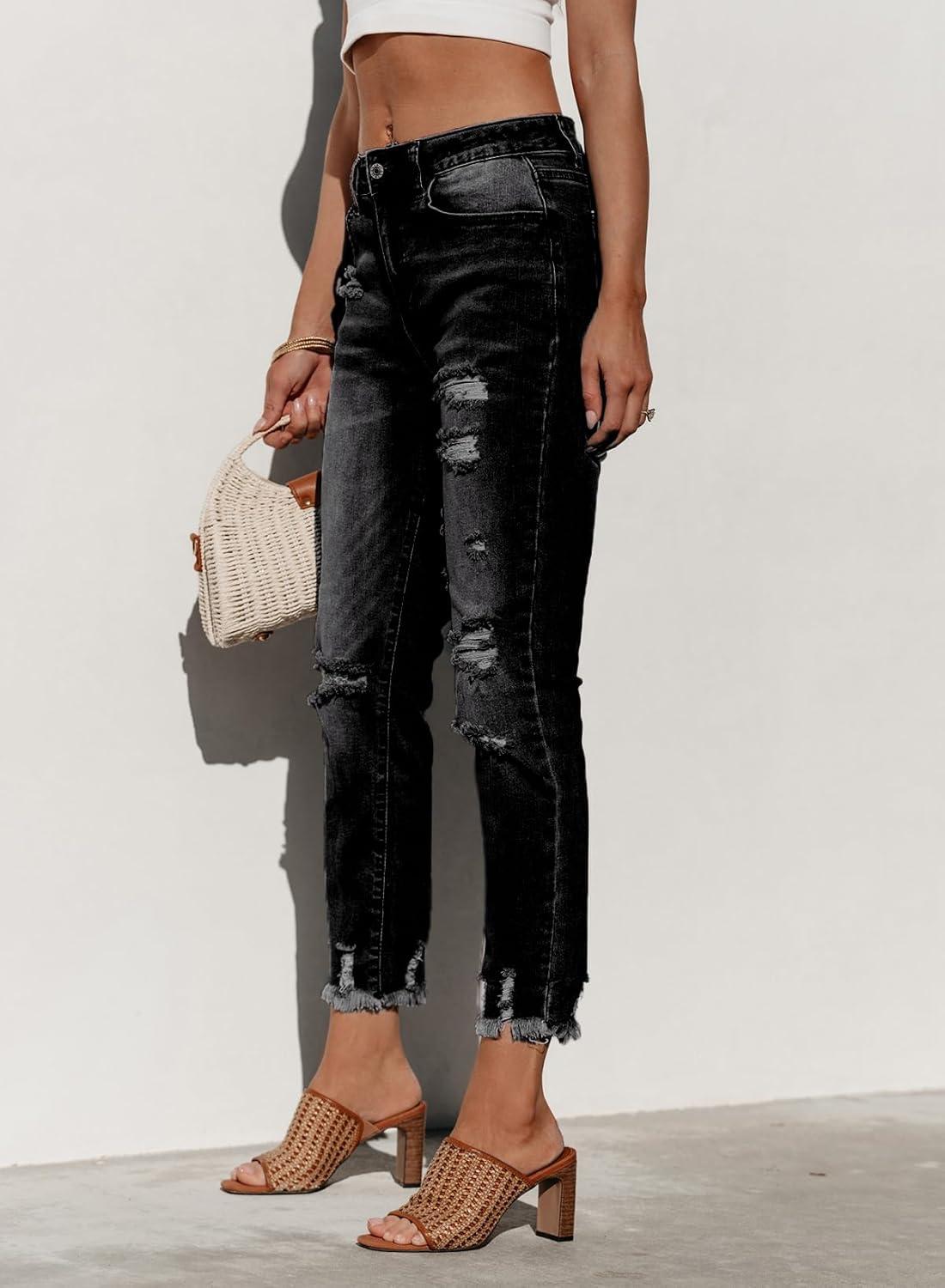 imageSidefeel Womens Ripped Jeans Straight Leg Distressed Boyfriend Denim PantsPure Black