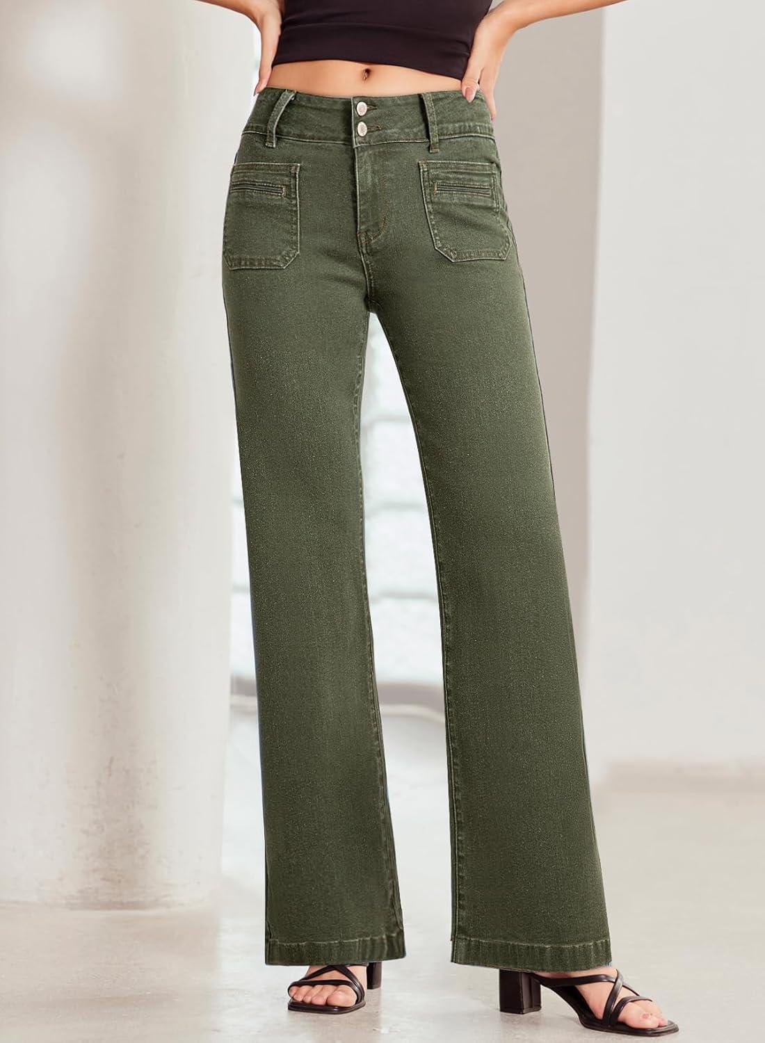 imageSidefeel Womens Wide Leg Jeans High Waisted Tummy Control Stretchy Pockets Front Straight Leg JeansGreen