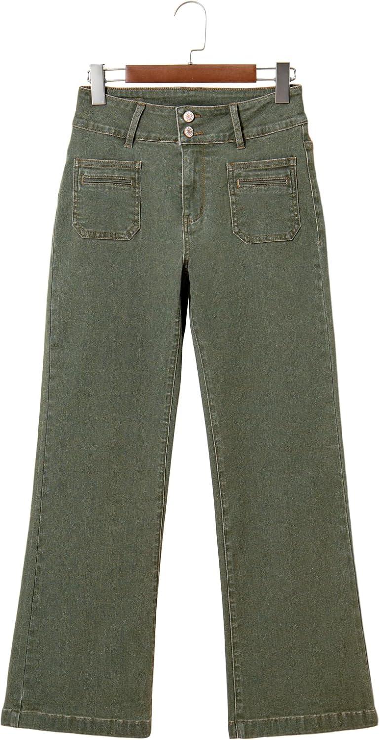 imageSidefeel Womens Wide Leg Jeans High Waisted Tummy Control Stretchy Pockets Front Straight Leg JeansGreen