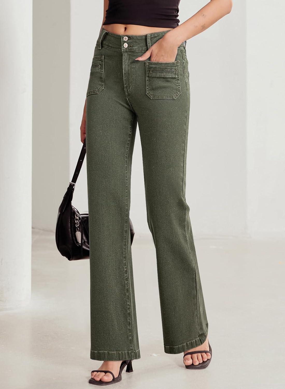 imageSidefeel Womens Wide Leg Jeans High Waisted Tummy Control Stretchy Pockets Front Straight Leg JeansGreen