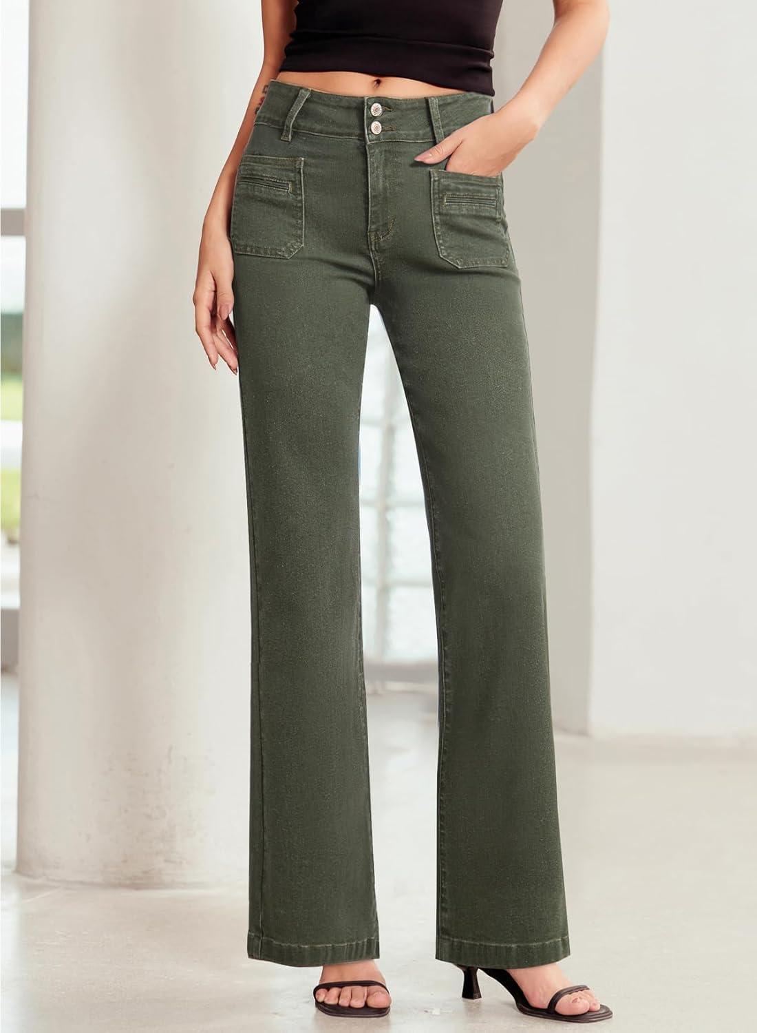imageSidefeel Womens Wide Leg Jeans High Waisted Tummy Control Stretchy Pockets Front Straight Leg JeansGreen