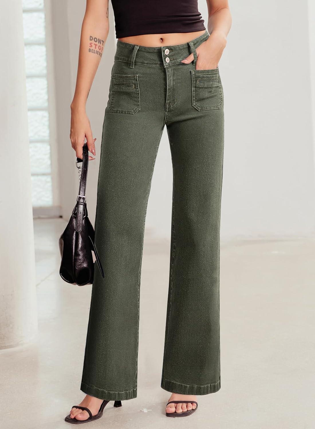 imageSidefeel Womens Wide Leg Jeans High Waisted Tummy Control Stretchy Pockets Front Straight Leg JeansGreen