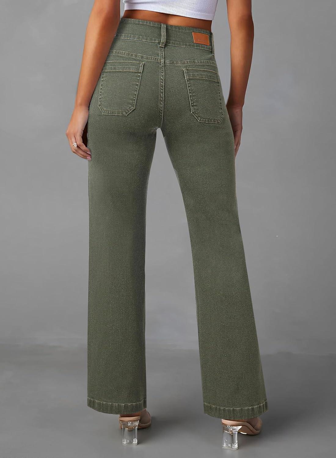 imageSidefeel Womens Wide Leg Jeans High Waisted Tummy Control Stretchy Pockets Front Straight Leg JeansGreen