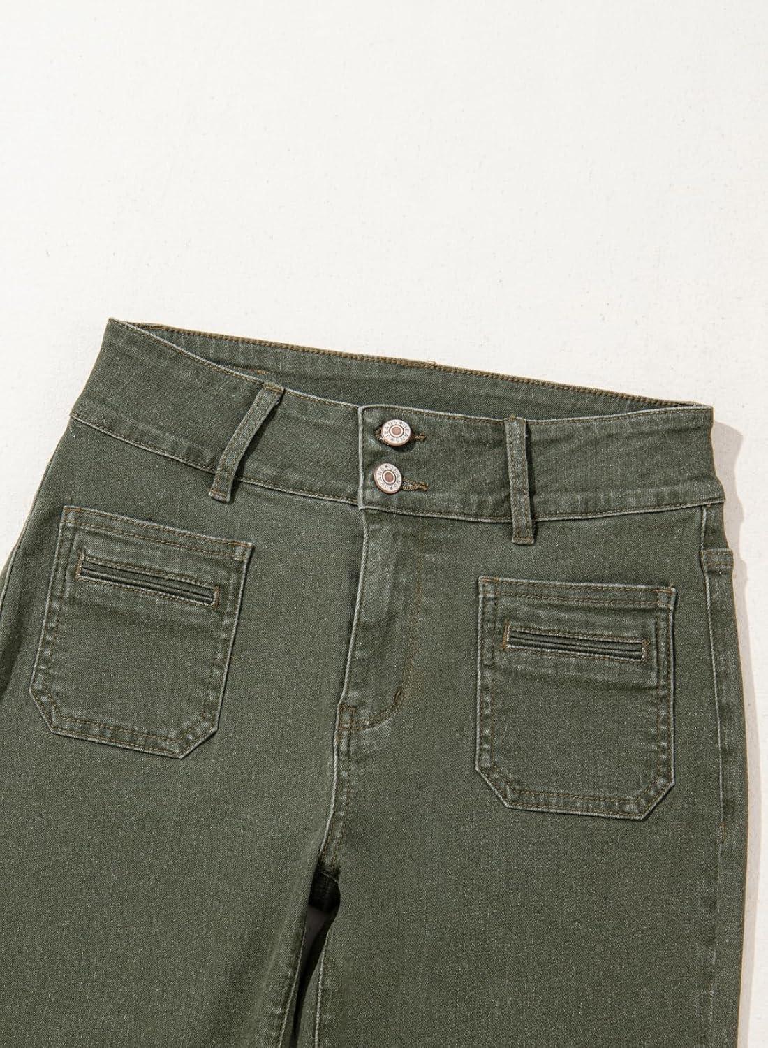 imageSidefeel Womens Wide Leg Jeans High Waisted Tummy Control Stretchy Pockets Front Straight Leg JeansGreen