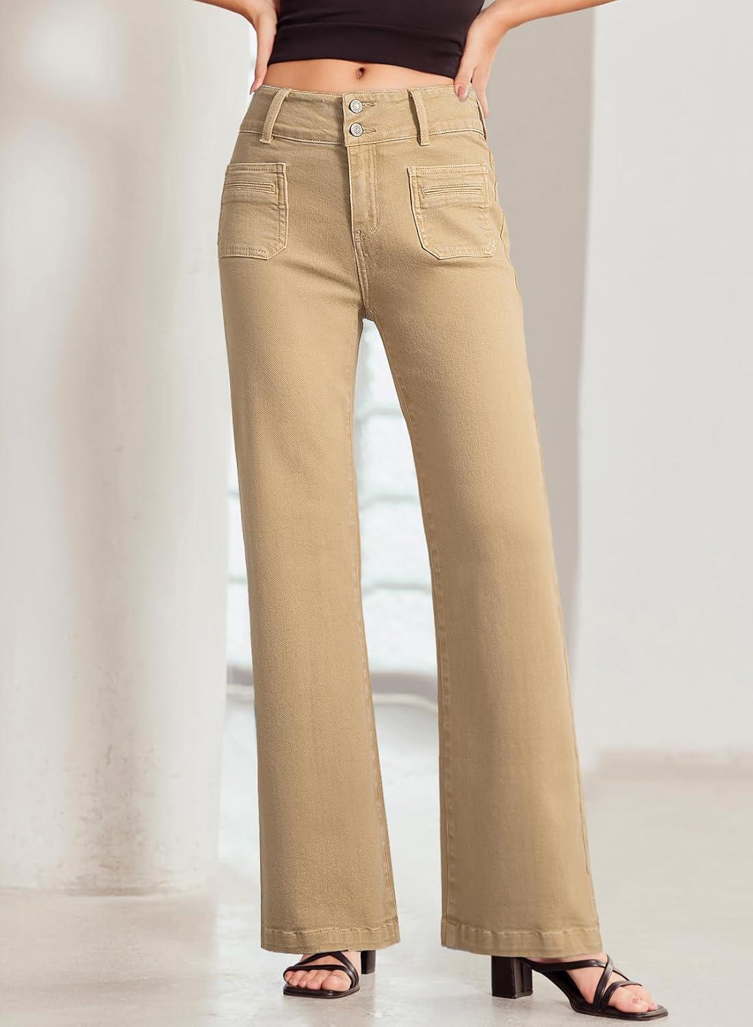 imageSidefeel Womens Wide Leg Jeans High Waisted Tummy Control Stretchy Pockets Front Straight Leg JeansKhaki