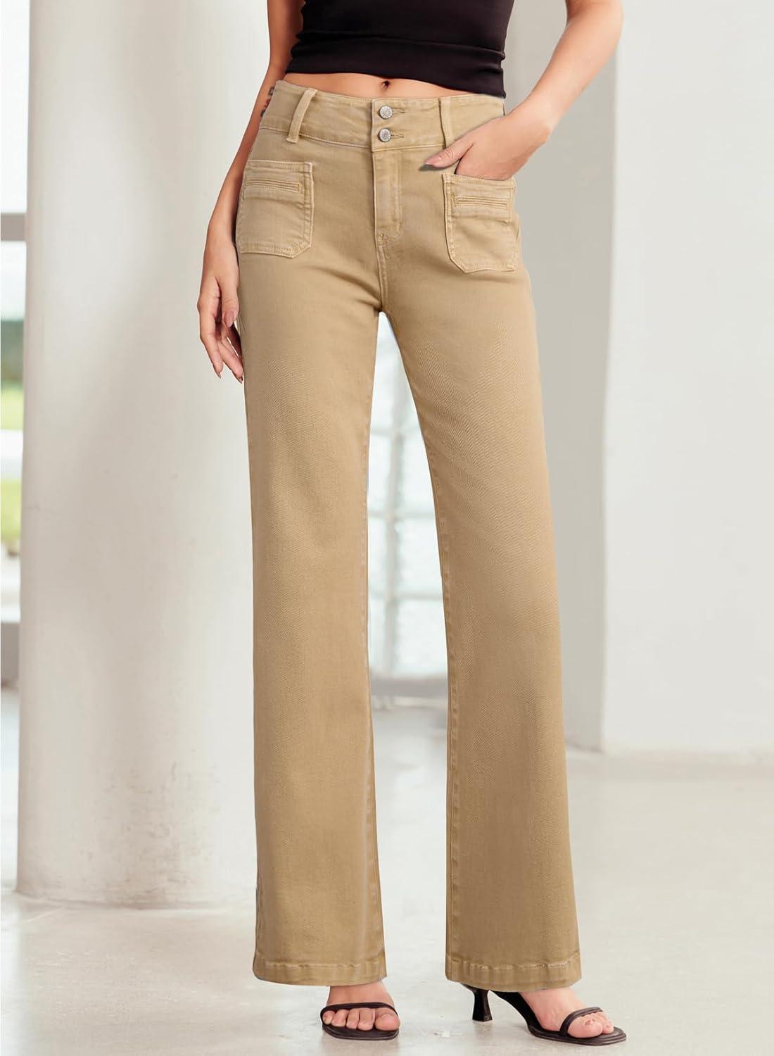 imageSidefeel Womens Wide Leg Jeans High Waisted Tummy Control Stretchy Pockets Front Straight Leg JeansKhaki