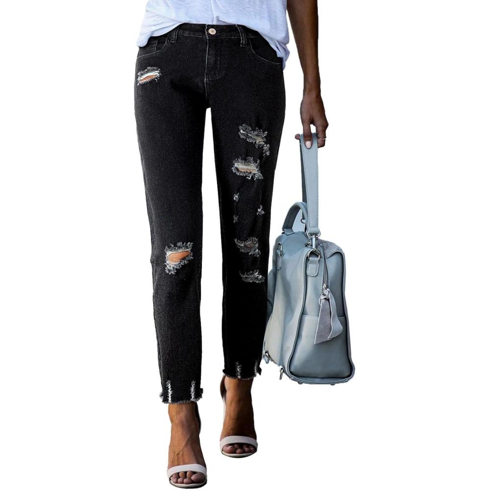 imageSidefeel Womens Ripped Jeans Straight Leg Distressed Boyfriend Denim PantsPure Black