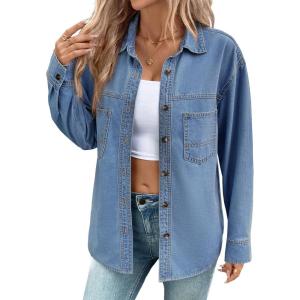 imageSidefeel Women Denim Shirts Oversized Long Sleeve Button Down Blouse V Neck Casual Top ShacketsLight Blue