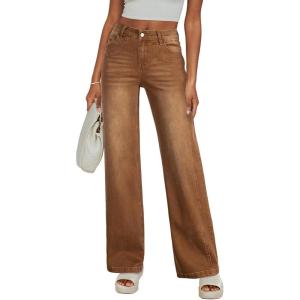 imageSidefeel Womens Wide Leg Jeans High Waisted Stretchy Jeans Straight Leg Trendy Patchwork Loose Fit Denim PantsBrown