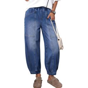 imageSidefeel Barrel Jeans for Women Trendy Wide Leg High Waisted Cropped Baggy Relax Fit Stretch Pocketed Denim Ankle PantsDark Blue