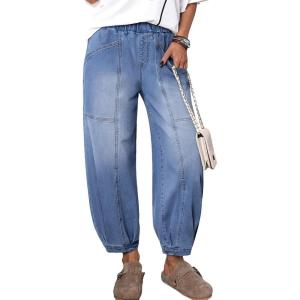 imageSidefeel Barrel Jeans for Women Trendy Wide Leg High Waisted Cropped Baggy Relax Fit Stretch Pocketed Denim Ankle PantsLight Blue