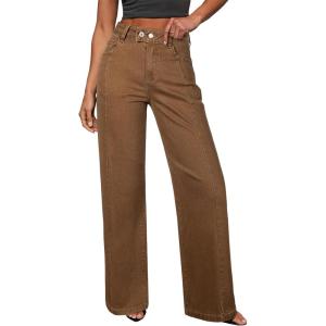 imageSidefeel Womens Wide Leg Jeans High Waisted Stretchy Front Seam Denim PantsBrown
