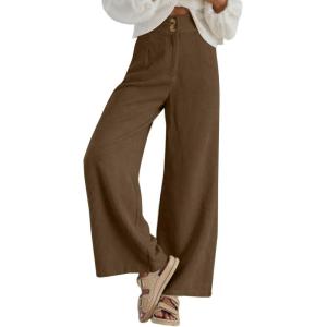 imageSidefeel Corduroy Pants for Women 2025 Casual High Waisted Double Buttoned Stretchy Loose Fit Wide Leg Pants with PocketsBrown