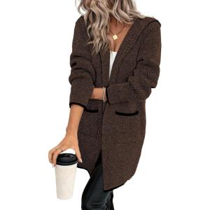 imageSidefeel Womens 2025 Fall Outfits Long Sleeve Open Front Contrast Cardigan Sweaters Oversized Chunky Hooded Sweaters CoatBrown