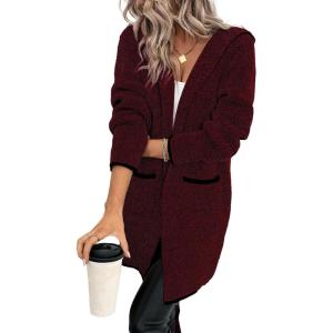 imageSidefeel Womens 2025 Fall Outfits Long Sleeve Open Front Contrast Cardigan Sweaters Oversized Chunky Hooded Sweaters CoatBurgundy