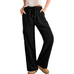 imageSidefeel Womens Corduroy Pants Casual High Waisted Elastic Drawstring Cargo Loose Fit Wide Leg Pants with PocketsBlack
