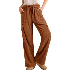 imageSidefeel Womens Corduroy Pants Casual High Waisted Elastic Drawstring Cargo Loose Fit Wide Leg Pants with PocketsChestnut
