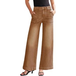imageSidefeel Womens Wide Leg Jeans High Waisted Stretchy Straight Leg Baggy Denim Pants with PocketsBrown