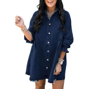 imageSidefeel Womens Smocked 3 4 Sleeve Button Down Denim Jeans DressesDark Blue