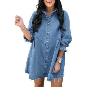 imageSidefeel Womens Smocked 3 4 Sleeve Button Down Denim Jeans DressesSky Blue