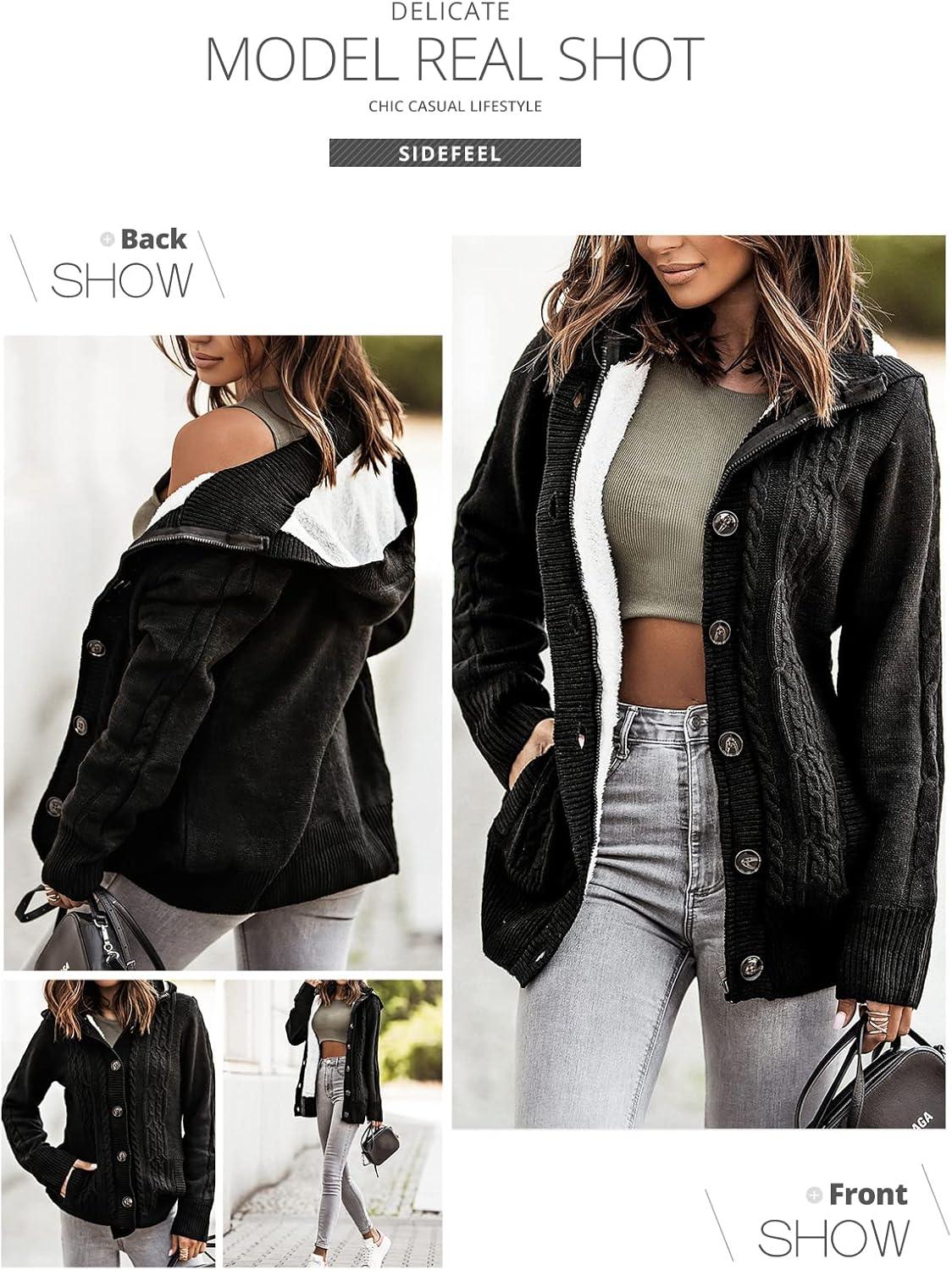 imageSidefeel Womens Cardigan Sweaters Hooded Fleece Lined Button Down Winter Sweater CoatBlack