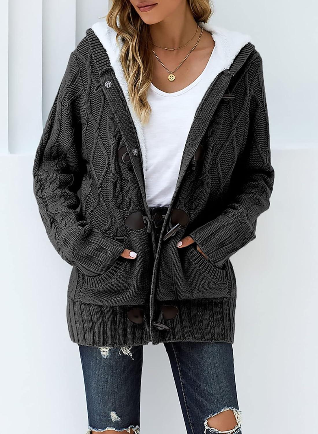 imageSidefeel Womens Cardigan Sweaters Hooded Fleece Lined Button Down Winter Sweater CoatK Dark Gray