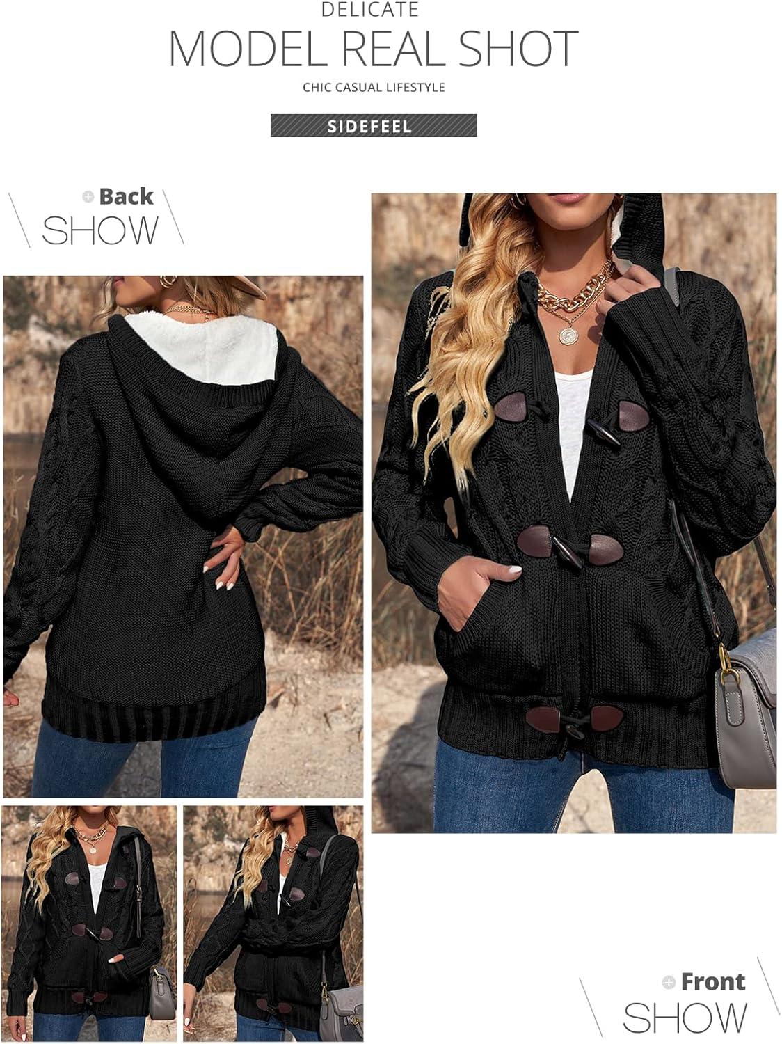 imageSidefeel Womens Cardigan Sweaters Hooded Fleece Lined Button Down Winter Sweater CoatKblack