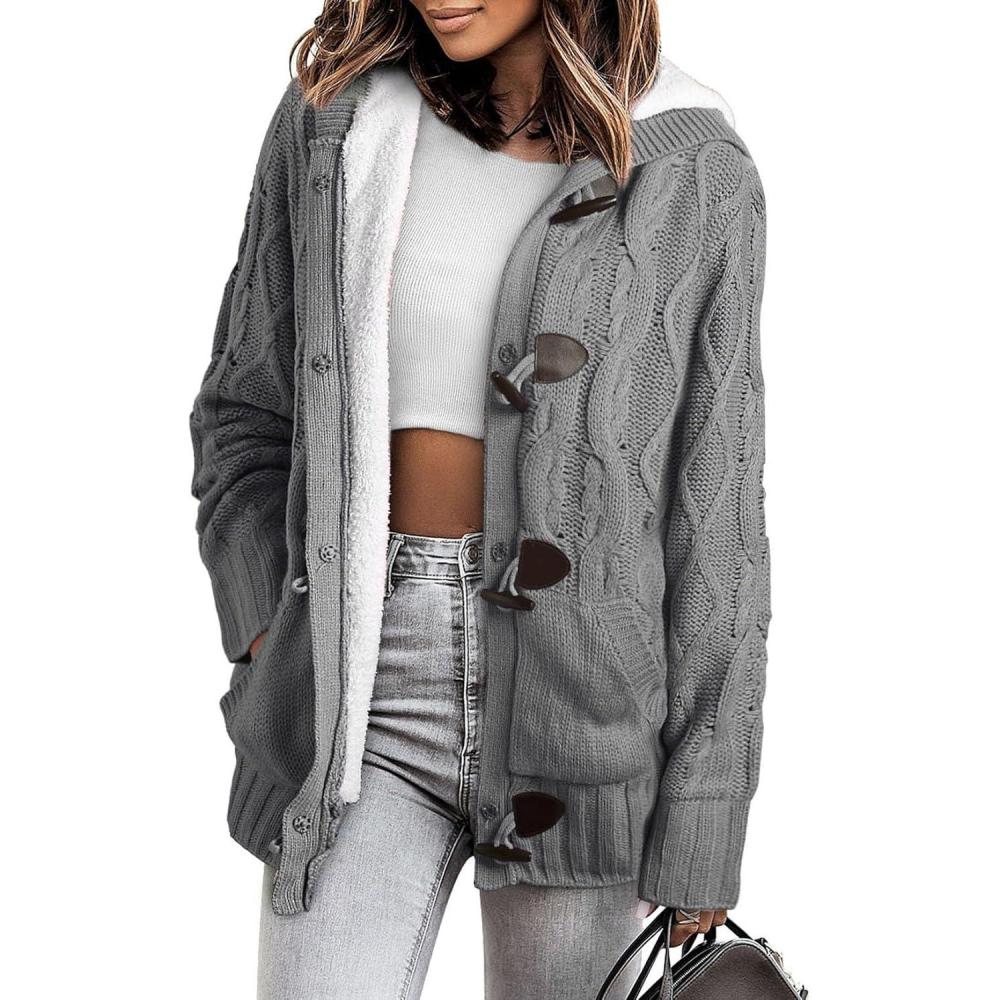 imageSidefeel Womens Cardigan Sweaters Hooded Fleece Lined Button Down Winter Sweater CoatKgrey