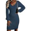 imageSidefeel Womens 2025 Fall Winter Ribbed Knit Sweater Dress Casual Long Sleeve Sexy V Neck Bodycon Mini DressDark Blue