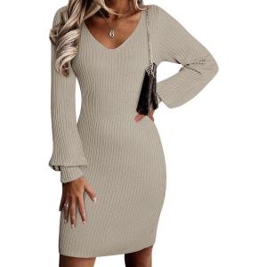 imageSidefeel Womens 2025 Fall Winter Ribbed Knit Sweater Dress Casual Long Sleeve Sexy V Neck Bodycon Mini DressGray