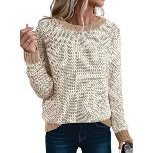 imageSidefeel Womens Long Sleeve Pullover Sweaters Casual Crewneck Chunky Knit Color Block Jumper TopsApricot